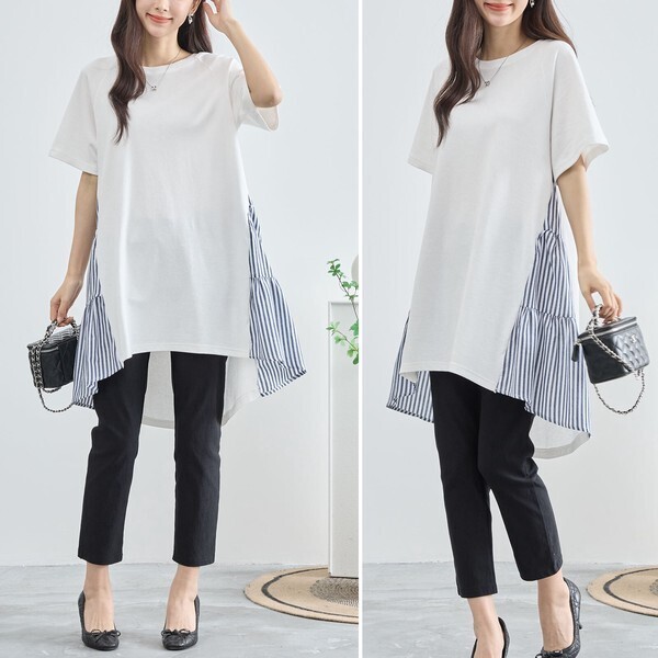 新品☆チュニック M~L サイドストライプ切替 レディース カットソー 半袖 オシャレ きれいめ 夏/ホワイト 白/12080685