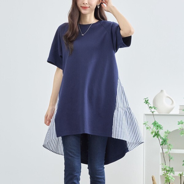 新品☆チュニック M~L サイドストライプ切替 レディース カットソー 半袖 オシャレ きれいめ 夏/ネイビー 紺/12080685