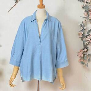 新品☆トップス 3L(大きいサイズ) スキッパー襟 7分袖 レディース ダンガリー デニム ブラウス コットン 40代 50代 60代/ブルー/275606