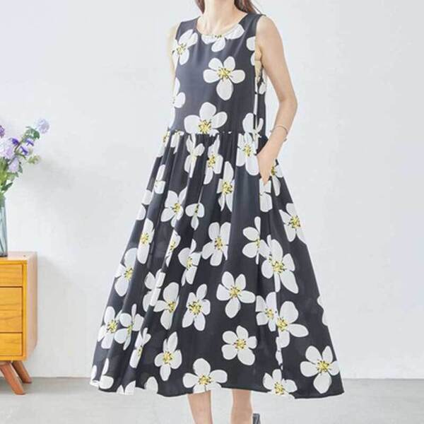 新品☆ワンピース M〜L フラワー柄 ノースリーブ ロング レディース ギャザー切替 フレア 夏 40代 50代 60代/ブラック 黒/C38-830B