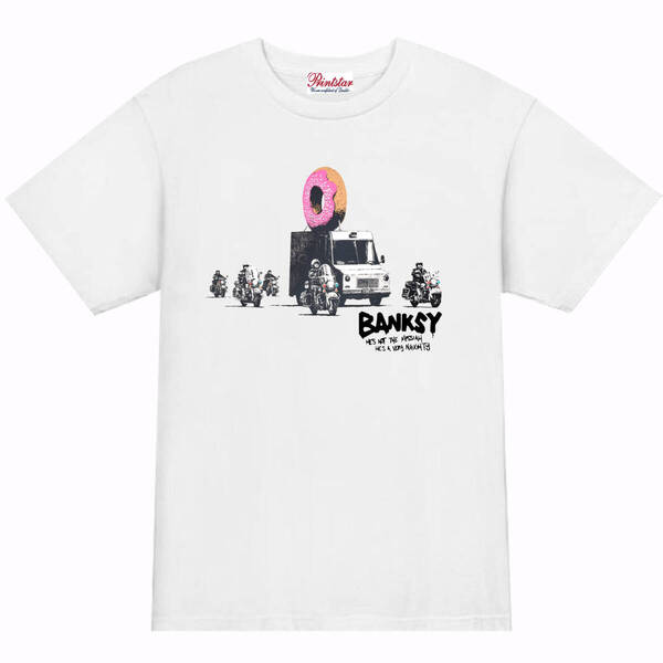 【バンクシー白XL】5ozドーナッツ車Tシャツ面白いおもしろうけるネタプレゼント送料無料・新品