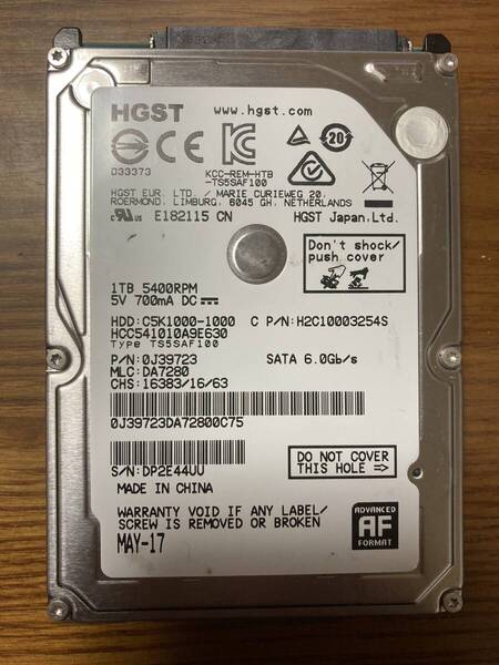 【使用時間:小】日立 Hitachi/HGST Travelstar HCC541010A9E630 2.5インチHDD 1TB(使用時間:60時間未満!)