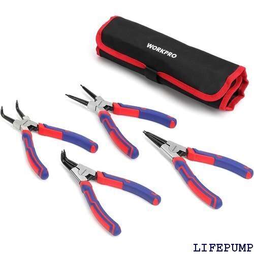 WORKPRO スナップリングプライヤー 4本組 穴用 バネ付き 工具 作業 修理 全長180mm 収納袋付き 16724