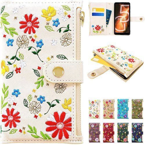 Xperia 5 SO-01M SOV41 901SO 5 手帳ケース スマホケース おしゃれ花刺繍 アイボリー 164