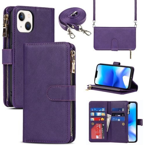 for iPhone 14 Plus 縄掛けケース 手 落下防止 耐衝撃 耐摩擦 全面保護 肩縄付き-パープル 379