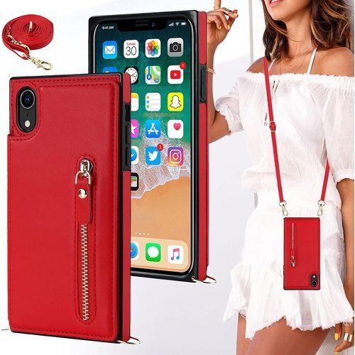 iPhone XR ケース 手帳型 ショルダー ストラ ルダーケース スタンド カード入れ スマホケース レッド 402