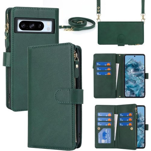 for Pixel 8 Pro 縄掛けケース手帳型 携 ップ付き 落下防止 耐衝撃 全面保護 肩縄付き-グリーン 774