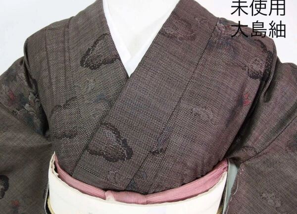 未使用 美品 大島紬 片ス式 7マルキ 雲取りに花模様 焦茶色系