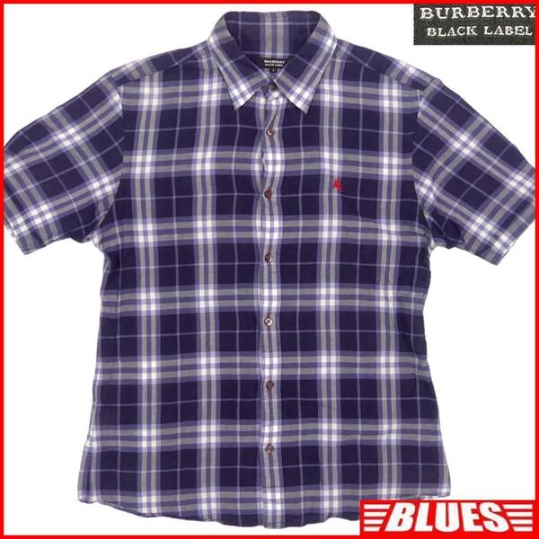 即決★BURBERRY BLACK LABEL★メンズ M 廃版 チェック シャツ バーバリーブラックレーベル 2 青 チェック 三陽商会 刺繍 半袖