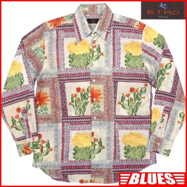 即決★ETRO★メンズ XL シャツ エトロ 42 サボテン 総柄 ペイズリー 長袖 ボタンダウン