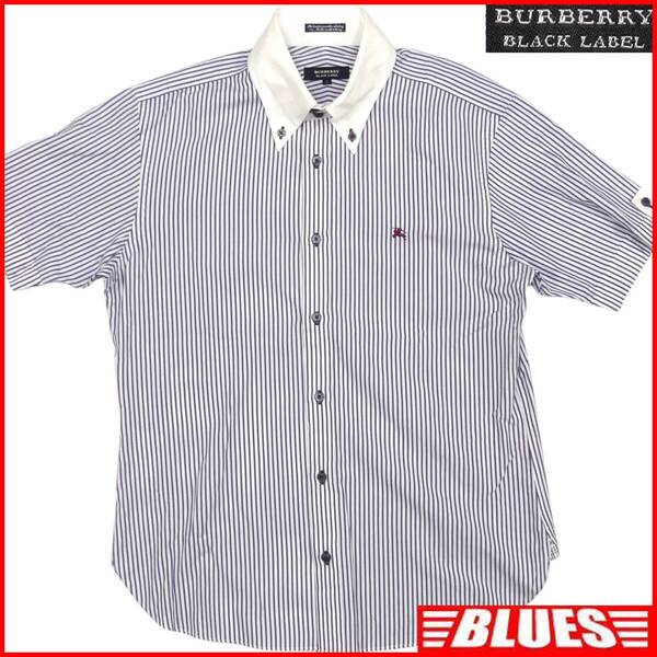 即決★BURBERRY BLACK LABEL★メンズ M 廃版 ストライプ クレリックシャツ バーバリーブラックレーベル 2 青 三陽商会 刺繍 半袖