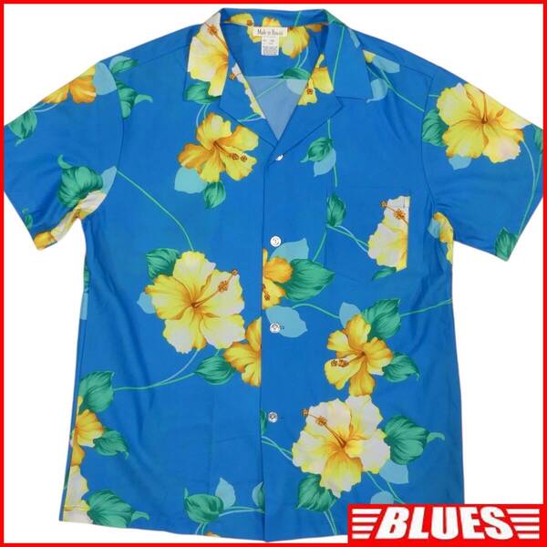 即決★Made in Hawaii★アロハシャツ L メイドインハワイ 総柄 ブルー系 ハイビスカス柄 ハワイ製 青