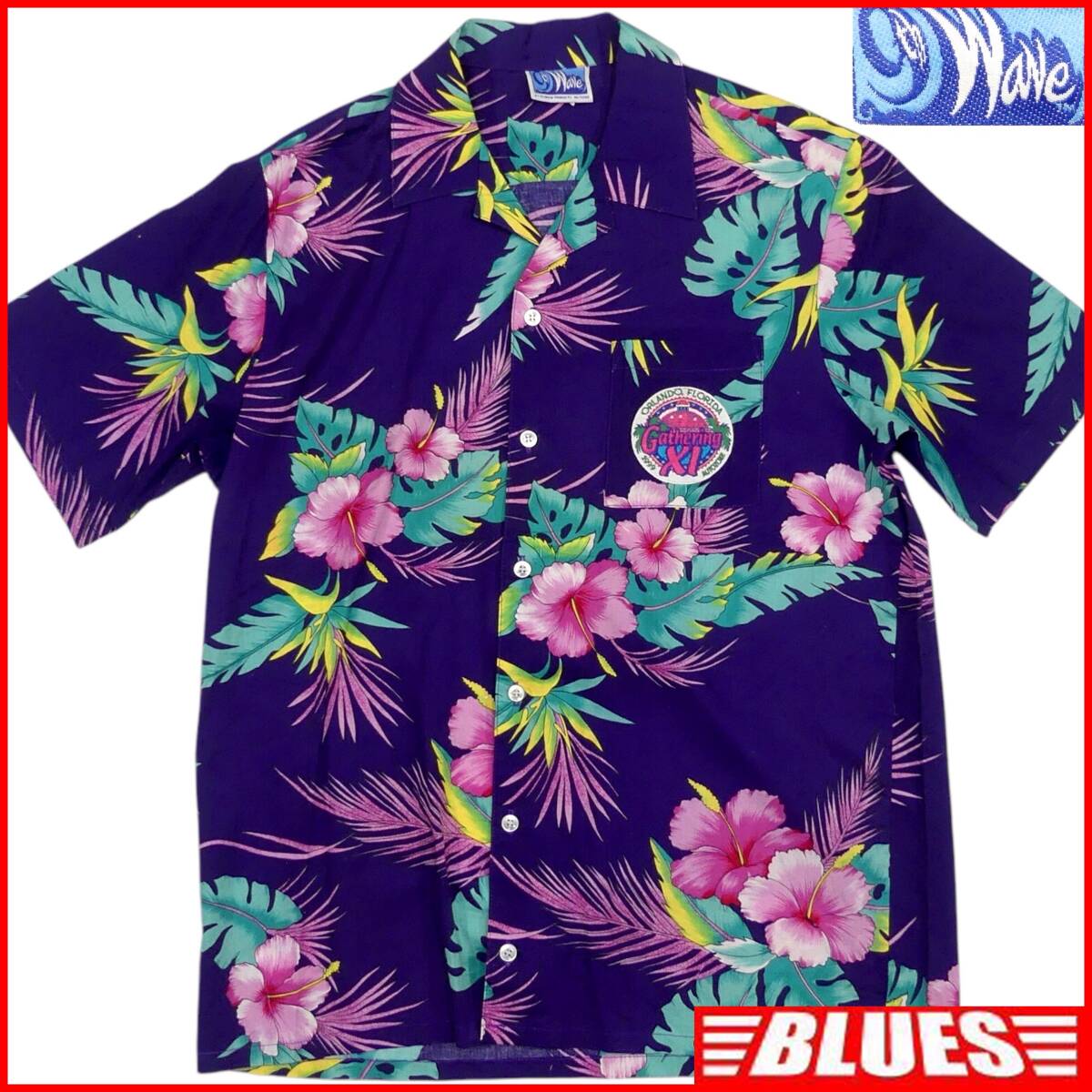 即決★Wave★アロハシャツ L アメリカ製 紫 ハイビスカス 総柄 USA製