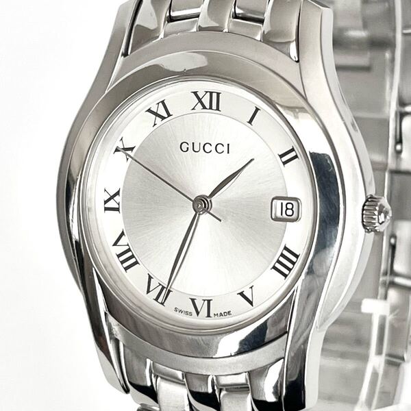 【稼働】磨き済み グッチ GUCCI 5500M メンズ 腕時計 美品 電池新品 シルバー文字盤 s2077