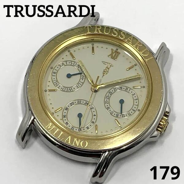179 稼働品 TRUSSARDI メンズ 腕時計 トラサルディ ★フェイスのみ デイデイト カレンダー 電池交換済 クオーツ式 人気 希少 ビンテージ