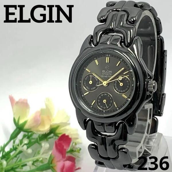 236 稼働品 ELGIN メンズ 腕時計 エルジン ブラック デイデイト カレンダー 電池交換済 クオーツ式 人気 希少 ビンテージ