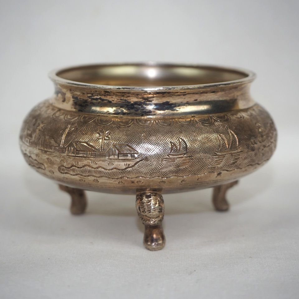 中国 骨董品 銅製 銘入 龍 香炉 高さ11.5cm / 金属 煎茶道具 茶道具