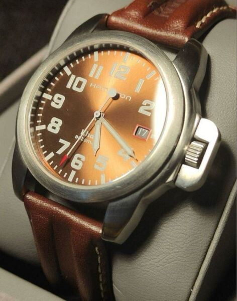 送料込み 希少カラー Hamilton khaki DATE AUTO ハミルトン カーキ デイト オートマチック 腕時計 自動巻き 竜頭ガード
