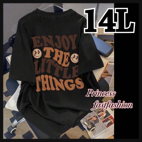 【14L/ブラック】スマイル&ロゴ 半袖Tシャツ 大きいサイズ レディース メンズ 男女兼用