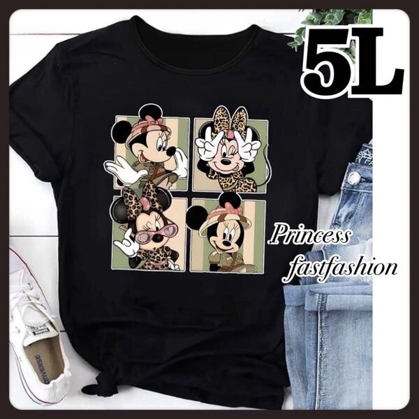 【5L/ブラック】ミニーマウス 半袖Tシャツ 大きいサイズ レディース ミニーちゃん