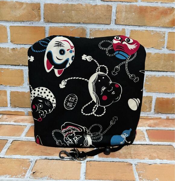 ゴルフ アイアンカバー ハンドメイド お面柄(黒) 帆布生地 ボア生地 コンペ 賞品 和柄 和風 クラブ用