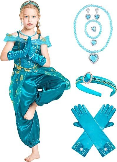 IKALI プリンセス ドレス 豪華9点セット コスプレ キッズ(ドレス+手袋+ネックレス+イヤリング+ブレスレット+ヘッドバンド+ゆびわ)
