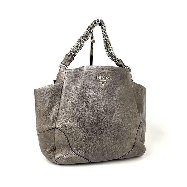 【美品】PRADA プラダ トートバッグ チェーン シルバー金具 裏地総柄 白タグ ハンドバッグ 肩掛け レザー ブロンズ 茶色系 フォーマル