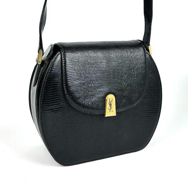 【美品】Yves Saint Laurent イヴサンローラン ショルダーバッグ YSL カサンドラ ゴールド金具 斜め掛け リザード レザー 黒色 ブラック