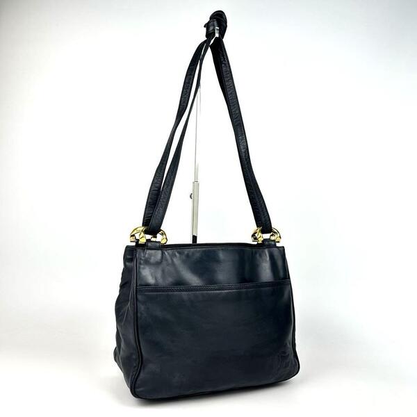 美品●LOEWE ロエベ ワンショルダー 肩掛け アナグラム ロゴ型押し トートバッグ ナッパレザー 濃紺 ダークネイビー 黒系 フォーマル 男女