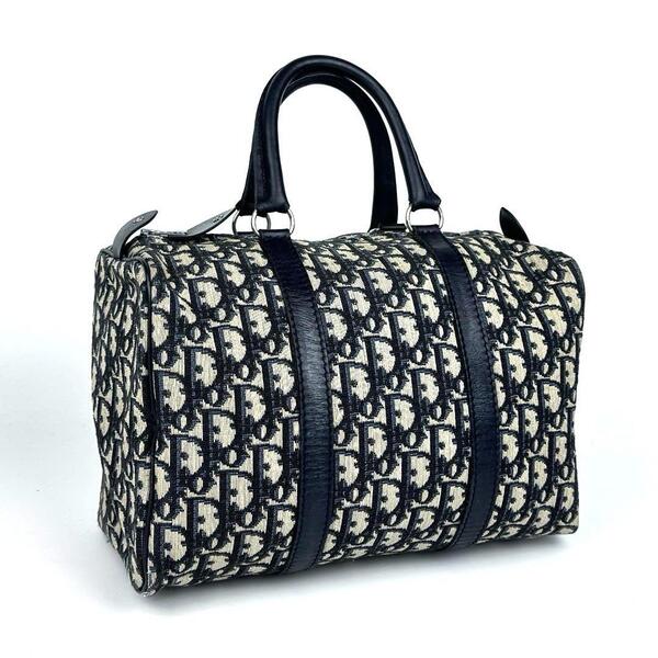 【美品】Christian Dior ディオール ミニボストン トロッター 総柄 ハンドバッグ レザー キャンバス 濃紺 ダークネイビー 黒系 フォーマル