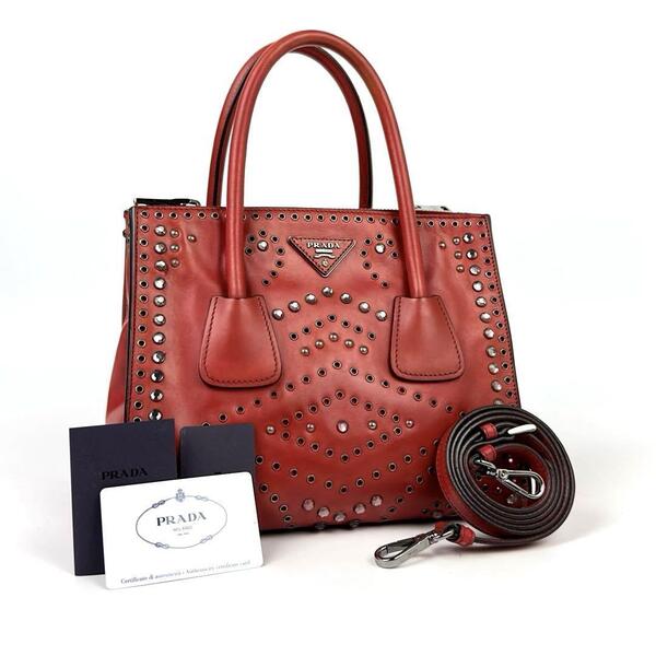 【美品】PRADA プラダ トートバッグ 2way ラインストーン スタッズ 三角ロゴプレート ショルダーバッグ レザー 赤色 レッド フォーマル