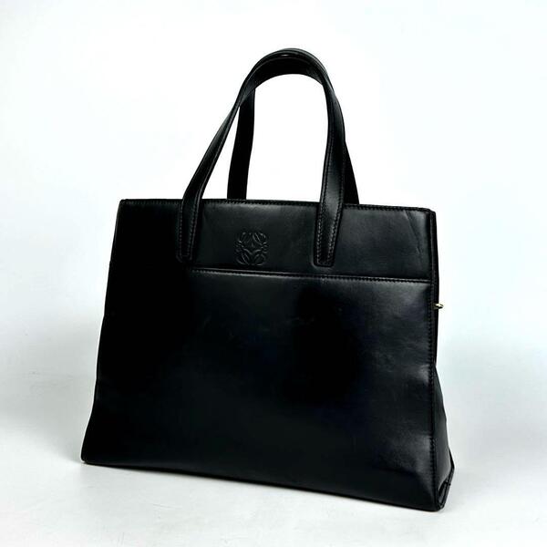 美品●LOEWE ロエベ ハンドバッグ アナグラム ロゴ型押し 裏地総柄 ゴールド金具 ミニトート ナッパレザー 黒 ブラック フォーマル 男女兼