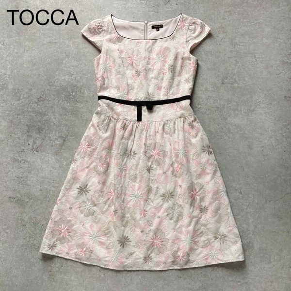 *トッカ ポリアンサ 花柄刺繍フレアワンピース ひざ丈 Aライン フレンチスリーブ 総刺繍 0サイズ TOCCA
