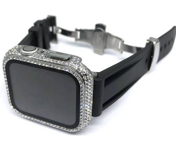ブラック 2nd シルバー★アップルウォッチバンド ラバーベルト Apple Watch キラキラ ケース カバー 40mm 41mm 44mm 45mm 42mm 46mm 49mm
