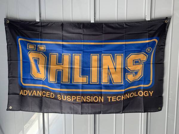 【送料込み】オーリンズ OHLINS 特大フラッグ 約90x150cmバナー タペストリー 旗 ガレージ装飾 バイク カワサキ スズキ