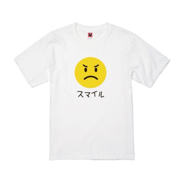 USOT うそT スマイル イラスト キャラクター おもしろTシャツ かわいい パロディ ゆるい 半袖Tシャツ ホワイト 白 M