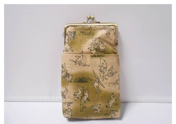 弓道 マルチがま口ポーチ縦型 鳥獣戯画柄 ハンドメイド品