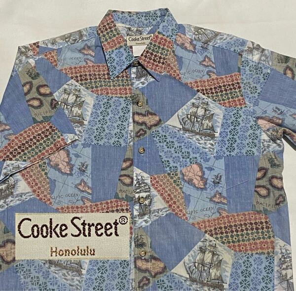 80's COOKE STREET パッチワーク x 帆船 裏地使い リバースプリント コットン ハワイアン アロハシャツ USA ハワイ製 M ビンテージ古着