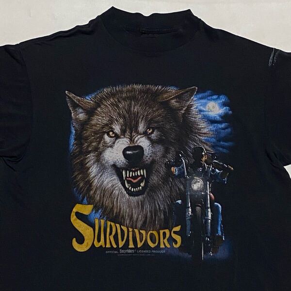 90's 3D EMBLEM Survivors Easyriders ウルフ プリントTシャツ USA製 Lサイズ ビンテージ古着 HARLEY DAVIDSON モーターサイクル 90年代