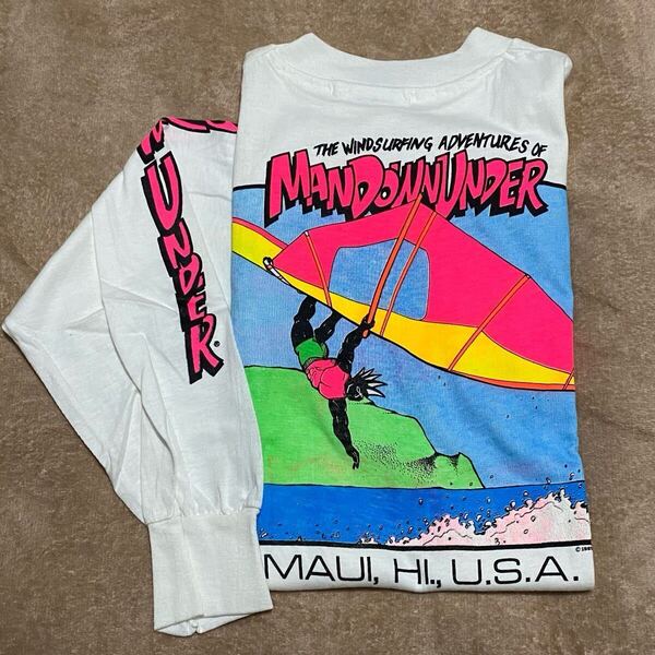 DEAD STOCK 80's Hanes MAN DOWN UNDER 蛍光プリント L/S Tシャツ Lサイズ USA製 ビンテージ古着 vintage NOS デッドストック 80年代