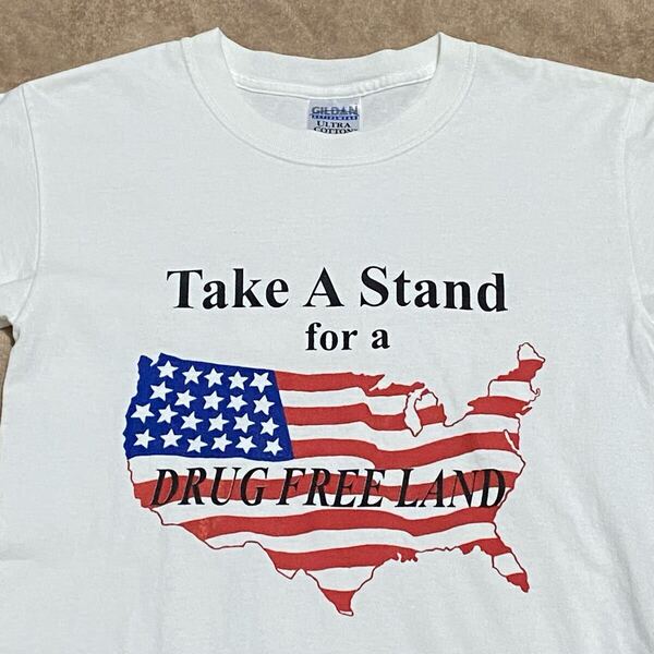 90's 00's GILDAN Take A Stand for a DRUG FREE LAND プリントTシャツ Sサイズ 薬物撲滅 ビンテージ古着 90年代 麻薬 ドラッグ Y2K