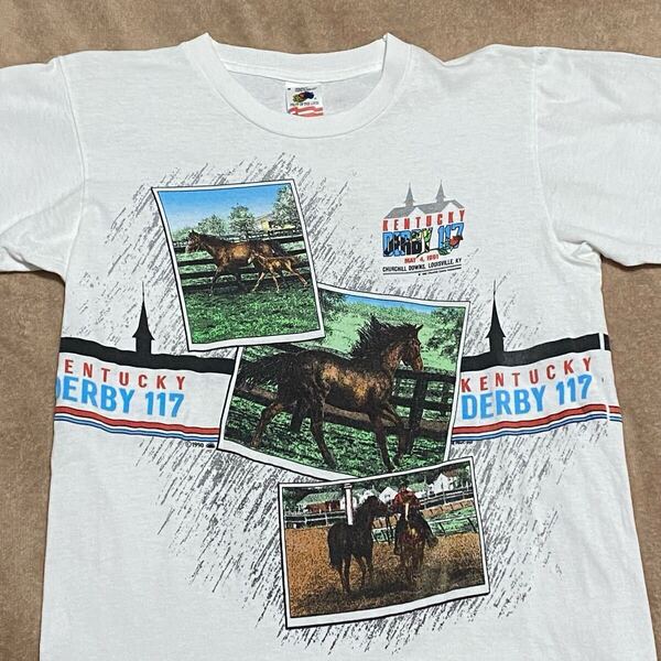 90's フルーツオブザルーム KENTUCKY DERBY 117 競馬 両面プリントTシャツ Mサイズ ビンテージ古着 ダービー 90年代 vintage 80's