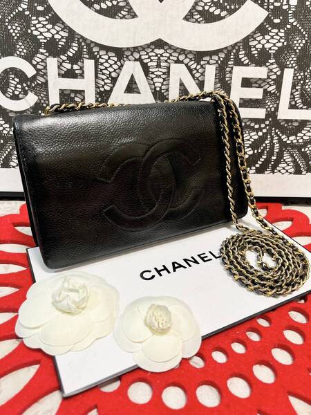 ◆◇ 極上美品 シャネル ★ CHANEL チェーンウォレット キャビアスキン マトラッセ シングルフラップ 財布 ブラック ゴールド 907 ◇◆