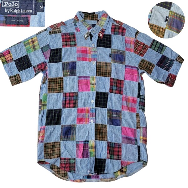 【推定90S】希少モデル POLO by Ralph Lauren ポロラルフローレン M パッチワークシャツ 半袖 クレイジーパターン チェックシャツ