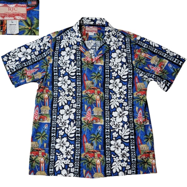 【極美品】90S USA ハワイ製 ヴィンテージ RJC(ROBERT J. CLANCEY)コットンアロハシャツ L ハワイアンシャツ 102C オープンカラーシャツ