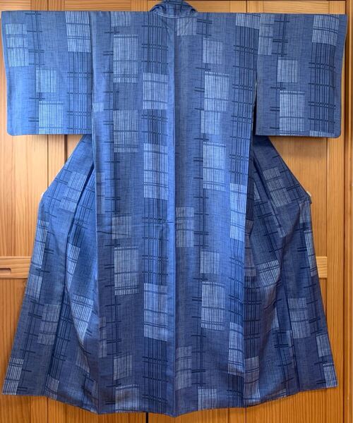 紬 正絹 中古 友禅染 手染 袷 紬八掛 紺色 青色 yzk394