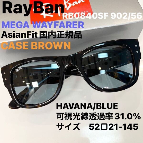 新色!即発!ライトカラー新品正規品!RayBan MEGA WAYFARER RB0840SF 902/56レイバン メガウェイファーラー HAVANA/BLUEアジアンフィット