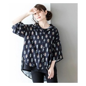 未使用品 スカラー scolor 半端袖シャツ 羽織り 人形劇総柄 ネイビー レディース