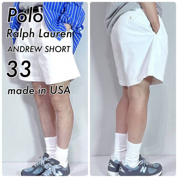 90s USA製 Polo Ralph Lauren ポロラルフローレン W33 ホワイト 白 ツータック ショートパンツ ショーツ ANDREW アンドリュー p25033148