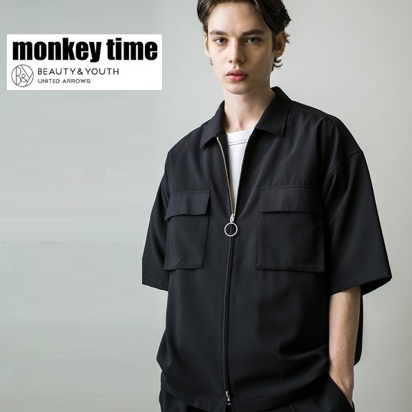 激安!新品タグ付き★定価1.4万円★monkey time モンキータイム BEAUTY&YOUTH★PE/TRO ストレッチ ダブルジップ ZIP 半袖シャツ ブルゾン M